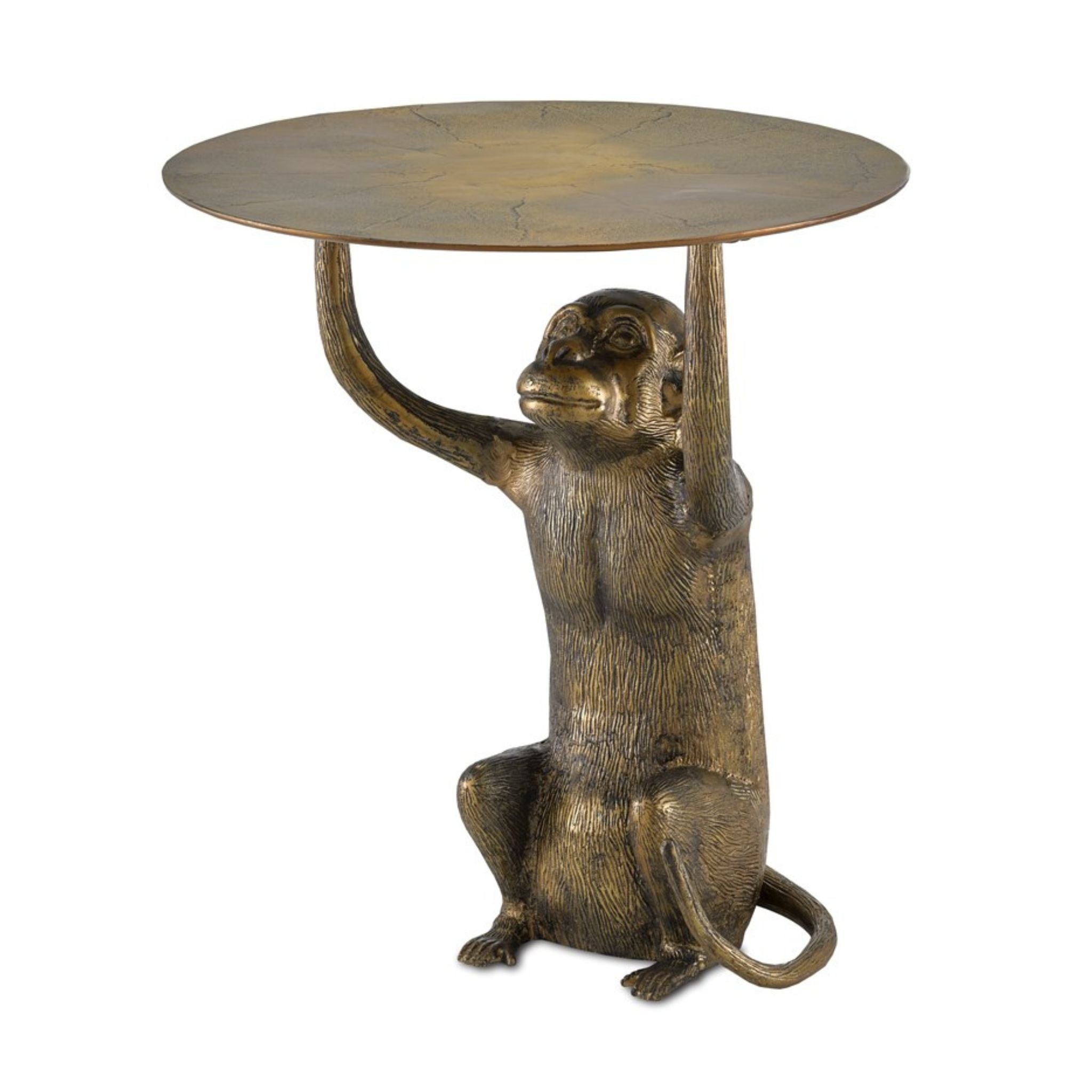 We don’t monkey around when it comes to whimsical design. Case in point is our Abu Accent Table with its seated ape, molded in cast aluminum, that lifts its table top with little effort. The antique gold finish that covers the piece makes the gold occasional table read as if it has aged. Creases molded into the top also support the effect that this is a vintage piece.