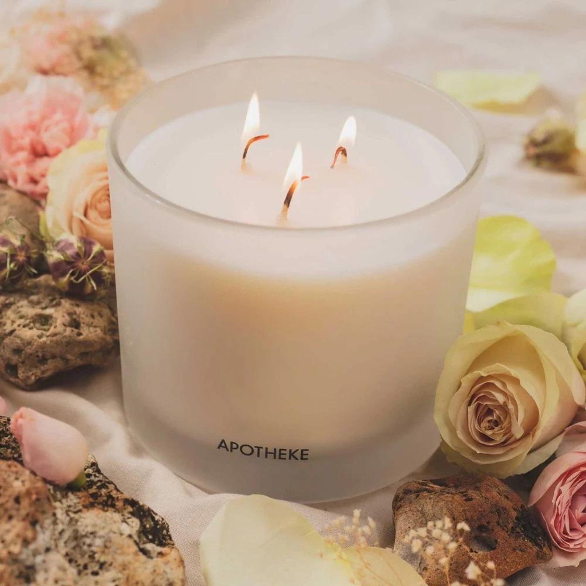 SIMPLY ELEVATED X APOTHEKE Our Santal Rock Rose 3-Wick Candle has a surprising scent that is nothing like your grandmother’s roses. Notes of rich sandalwood combined with earthy, herbaceous rock rose blend together to create a dynamic, universal fragrance. 