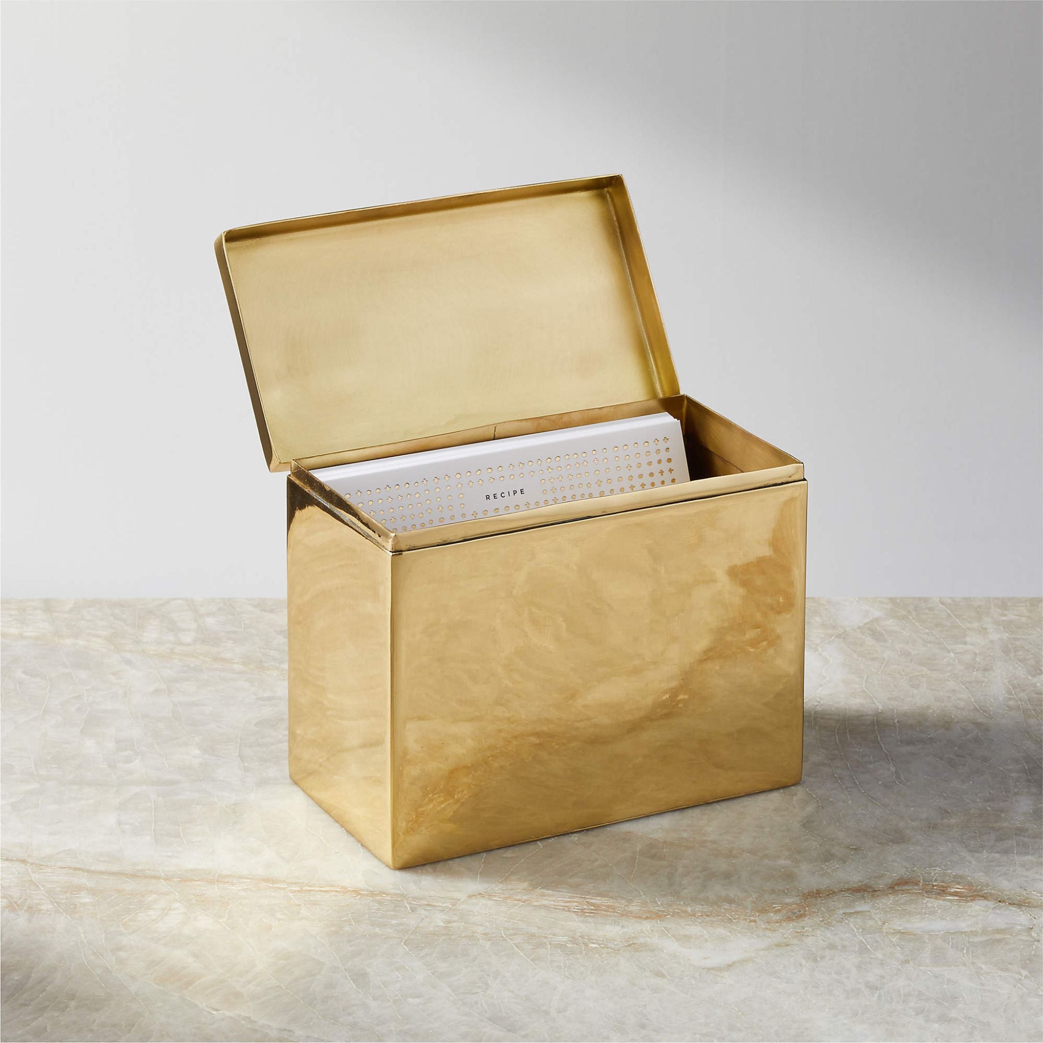 Simply Elevated - This heirloom-quality recipe box will keep the secret ingredient to grandma's vichyssoise safe and sound (vermouth!). Available in either mirror-like solid brass or silver-plated brass, each has a hinged lid featuring beautifully etched lettering to denote its purpose. 