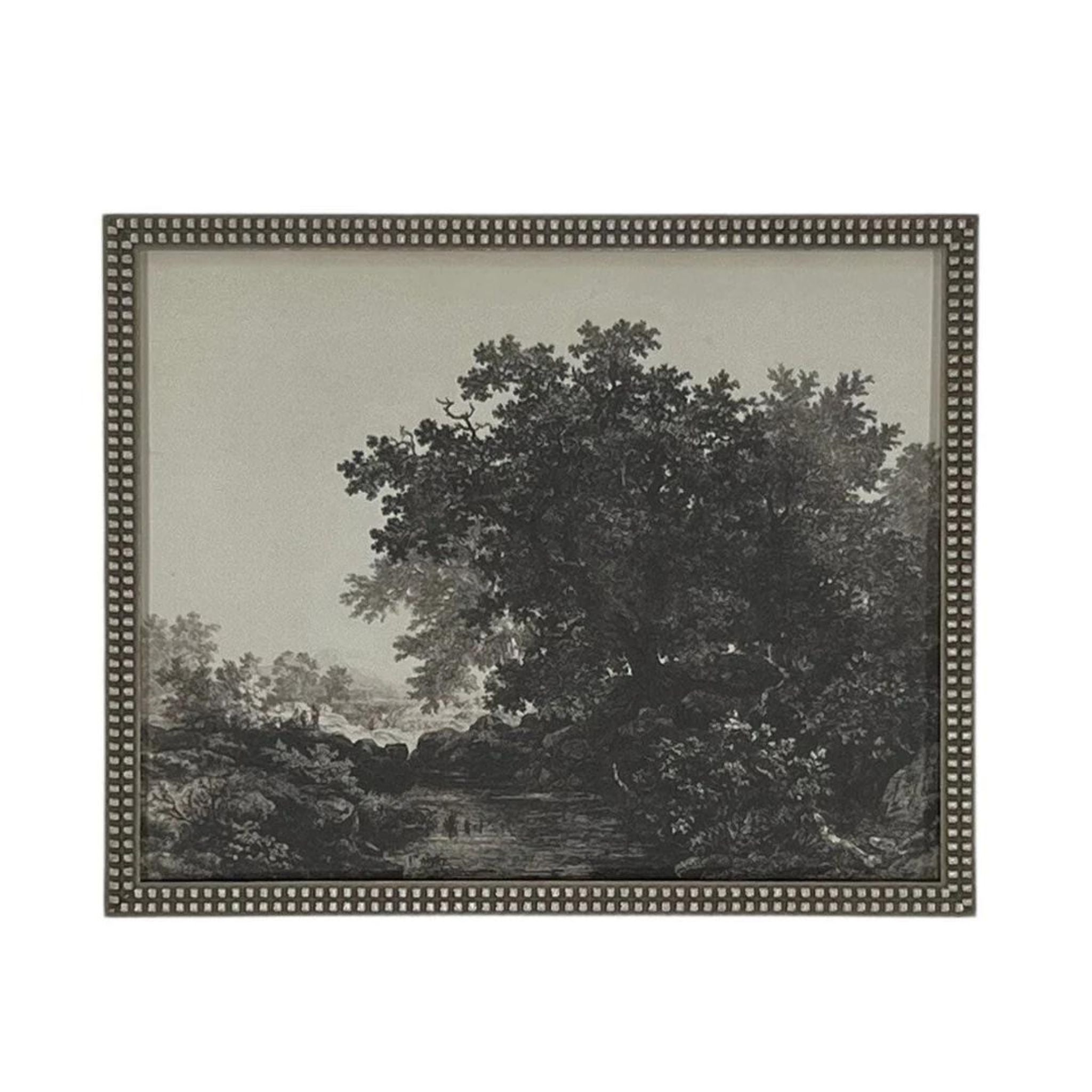 VINTAGE FRAMED CANVAS ART - BLACK & WHITE TREE - BEADED SILVER FRAME - The black and white tree design adds a touch of timeless beauty to any space. - Simply Elevated Home Furnishing 